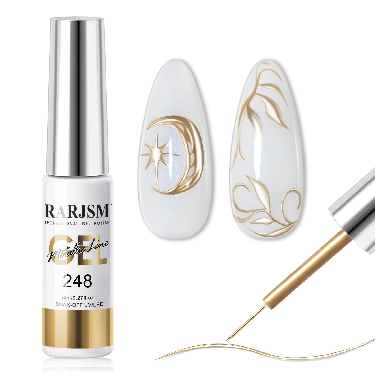 RARJSM Metallic Nail Art Gel Liner Bronze Gold Mirror Chrome 3D Effect Gel Nail Polish 8ml Build in Thin Brush Metal Painted Drawing Striper Painting Gelpolish Soak off Curing Requires for Home Salon