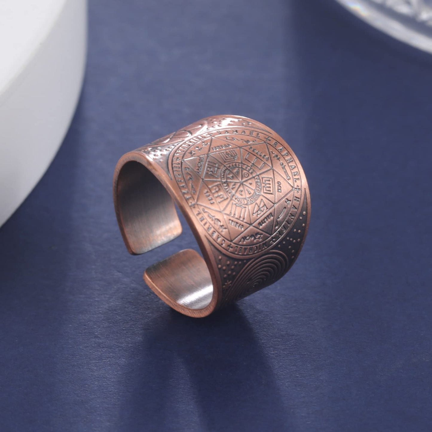 Amaxer Seven Archangels Ring for Men Copper The Seal Of Solomon Tetragrammaton Archangels Protection Ring Statement Band for Men Women (18mm-dark pink)