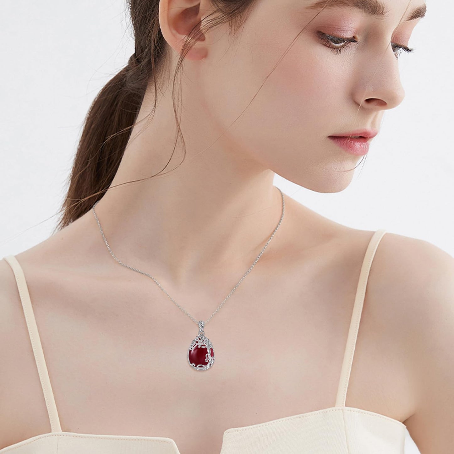 YAFEINI 925 Sterling Silver Red Agate Necklace Tree of Life Teardrop Pendant Necklace Jewelry for Women (KK-Tree of Life Red Agate Necklace)