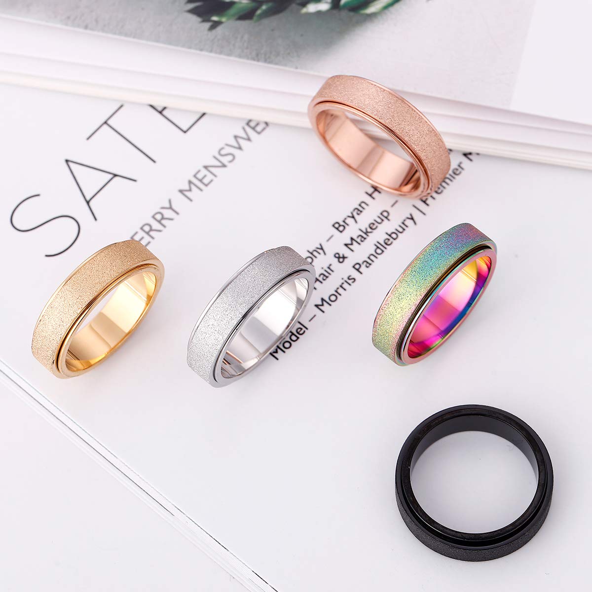 OreilleStar Anxiety Ring for Women Fidget Spinner Ring Fidget Toys Adults Titanium Stainless Steel Thumb Ring 6mm Wide Rainbow Size 9