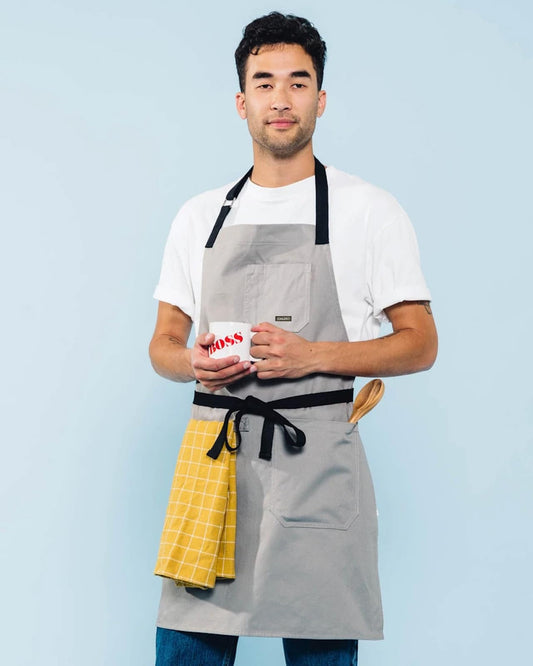 Caldo Daily Cotton Kitchen Apron for Cooking- Mens and Womens Professional Chef or Server Bib Apron - Adjustable Straps with Pockets and Towel Loop (Grey)