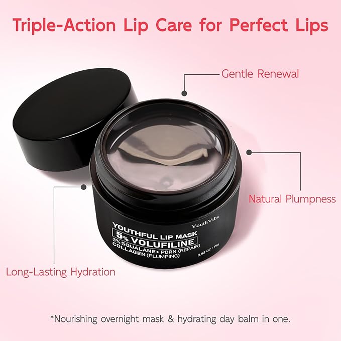 YouthVibe Lip Sleeping Mask Overnight Moisturizing - 5% Volufiline, Squalane, Shea Butter, PDRN & Collagen Hydrating Lip Mask for Dry, Flaky Lips