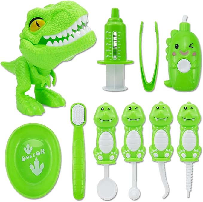 Bundle 19PCS = 9PCS Plastic Simulation Dentist Play Set （Orange） + 10PCS Plastic Dinosaur Simulation Dentist Play Set (Green)