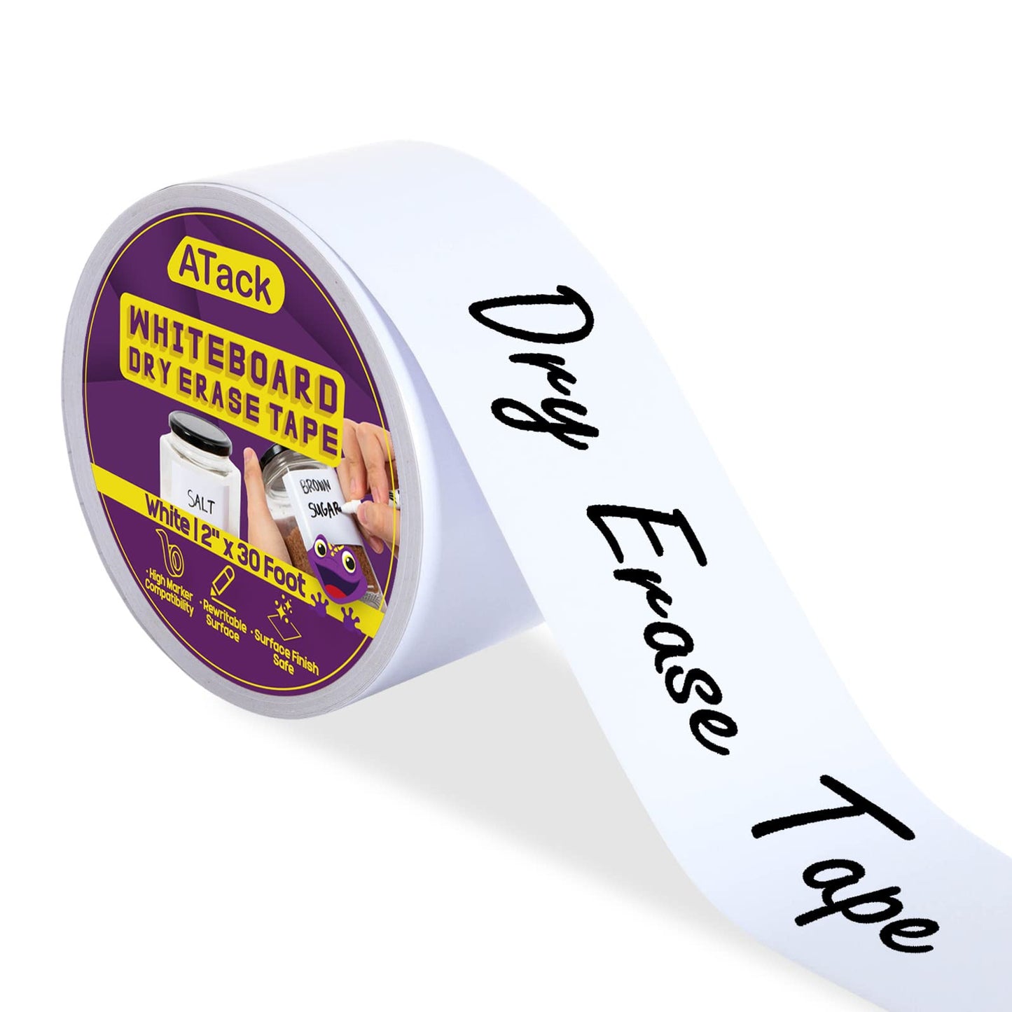 ATack Whiteboard Dry Erase Tape, 2 Inches x 30 Foot, White, Smudge-Free White Board Dry Erase Label Sticker for Storage Bins, Classrooms, and Teachers for Reading Lessons for Sentence Strips