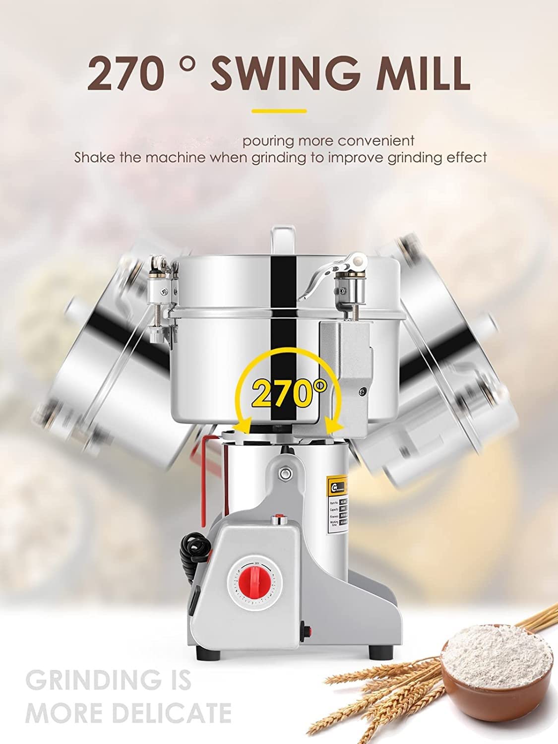 CGOLDENWALL 700g Electric Grain Grinder Mill Safety Upgraded 2400W High-speed Spice Herb Grinder Commercial Superfine Grinding Machine Dry Cereals Pulverizer CE 110V (700g Swing Type)