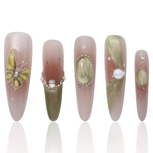 Handmade Press On Nails Long Green Press On Nails Acrylic Nude Nails Women Gifts French Press On Nails COOLYOUNG Handmade Nails, 15 PCS, Size M