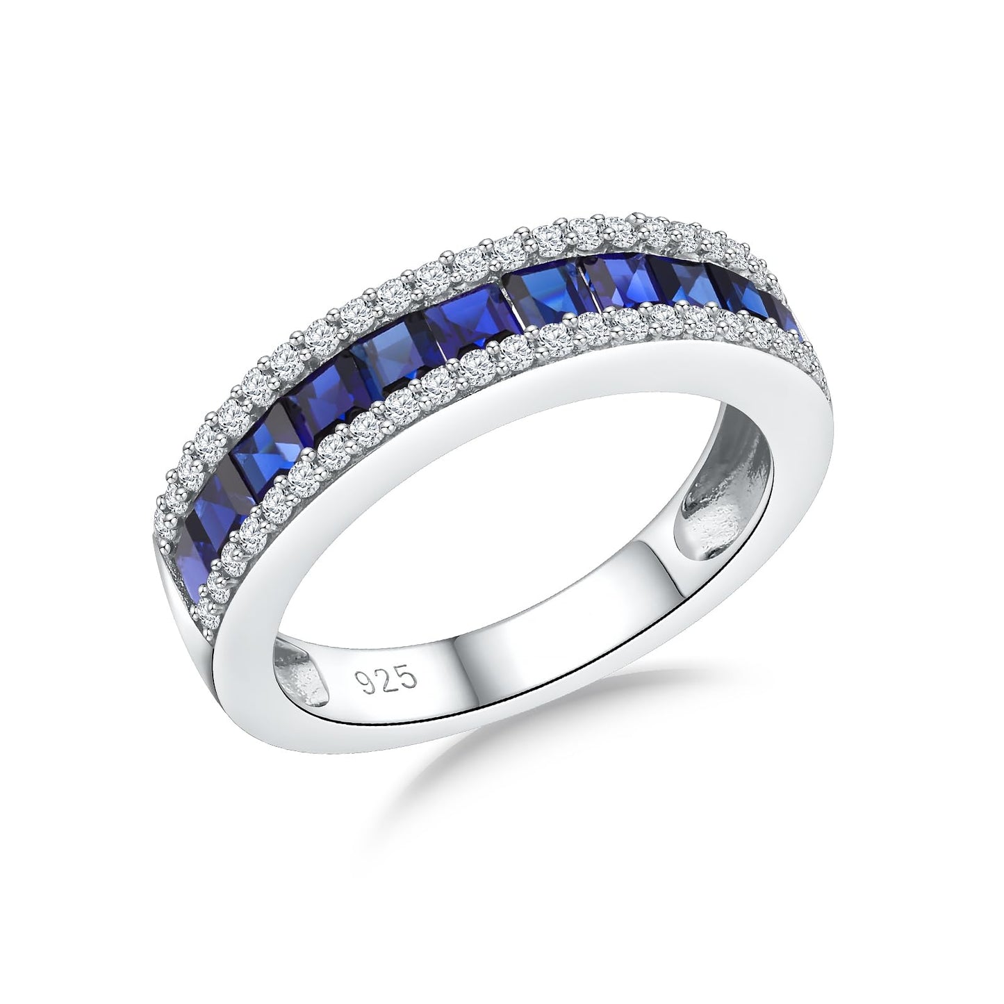 RANDES Blue Sapphire Eternity Rings for Women Men Wedding Bands 925 Sterling Silver Princess Cut Channel Set Ring Size 7.5