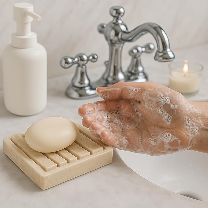 Natural Champagne Marble Soap Dish – Handcrafted & Polished Luxury Soap Tray for Bathroom, Kitchen, and Sink Countertops, Elegant Design Used in 5-Star Hotels (5.2” L x 4” W, Beige Natural Stone)