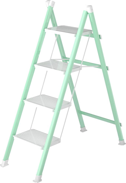 4 Step Ladder, Folding Step Stool with Anti-Slip Wide Pedal, Anti-Slip Feet, Sturdiest Steel Construction, Steel Ladder for Home and Office, Green White