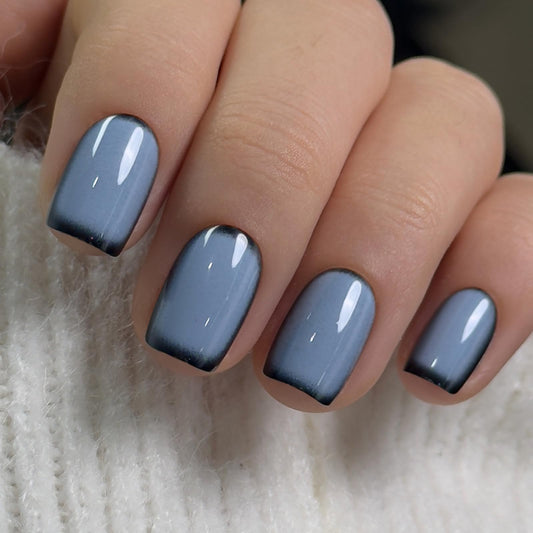CurvLife Press on Nails Short Square Blue Ombre, 30PCS Glossy Acrylic Fake Nails with Design, Full Cover Reusable Glue on Nails Kit with Nail Glue, Adhesive Tabs & Nail File