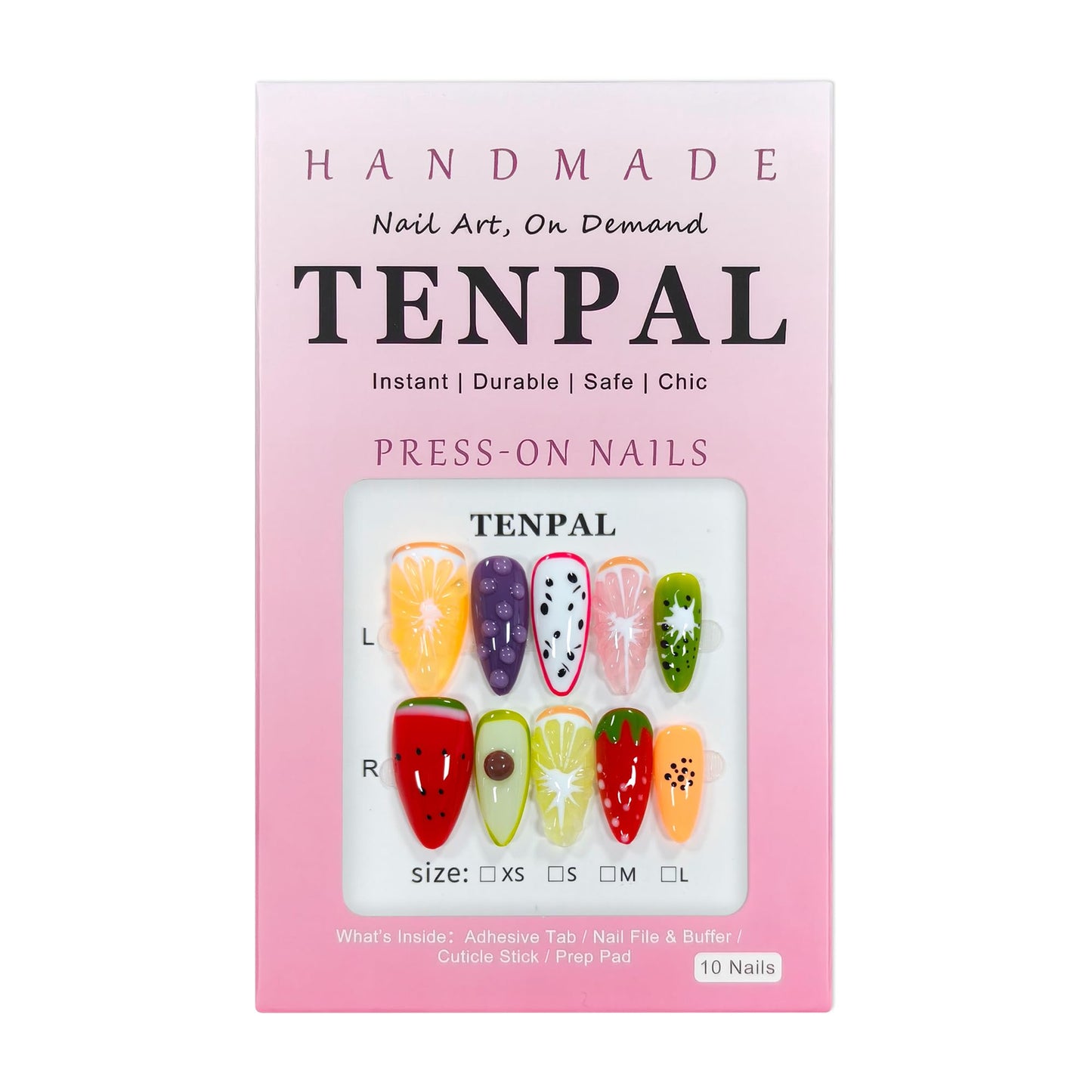 TENPAL Summer Fruit Press on Nails - Vibrant Almond Shaped Fake Nails with Kiwi, Watermelon & Avocado Designs | Reusable Colorful Nail Art for Women | Tropical Fruit Manicure Set (Medium Length,XS)
