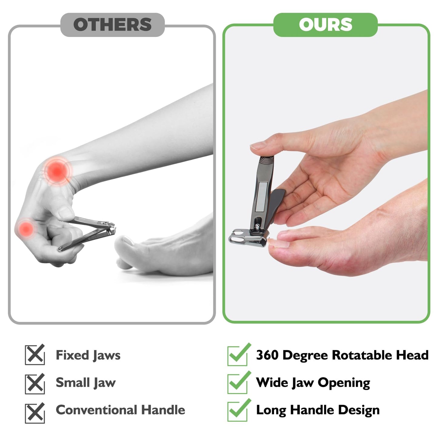 Toenail Clippers for Seniors Thick Toenails, Angled Head Large Toe Nail Clippers for Thick Nails for Men, 360° Rotating Nail Clippers with Long Hande, Heavy Duty Fingernail Clippers with Wide Opening