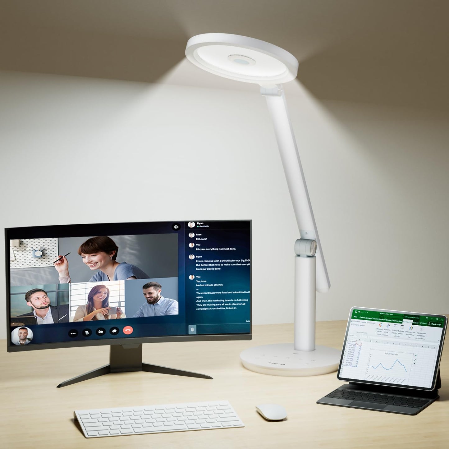 Honeywell Desk Lamp for Home Office, H6 Sunturalux™ Eye-Caring Led Desk Light, 800LM Dimmable Desk Lamp with Timer, Touch Control Tall Desk Reading Light, Table Lamp for Circle Webcam, Study, Bedroom