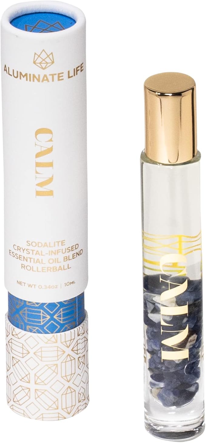Essential Oil Rollerballs, .34 OZ, Calm - Sodalite Crystal Infused - Scents of Chamomile, Howood, & Sage - Aromatherapy Roll On Oils, Skin Care, Massage