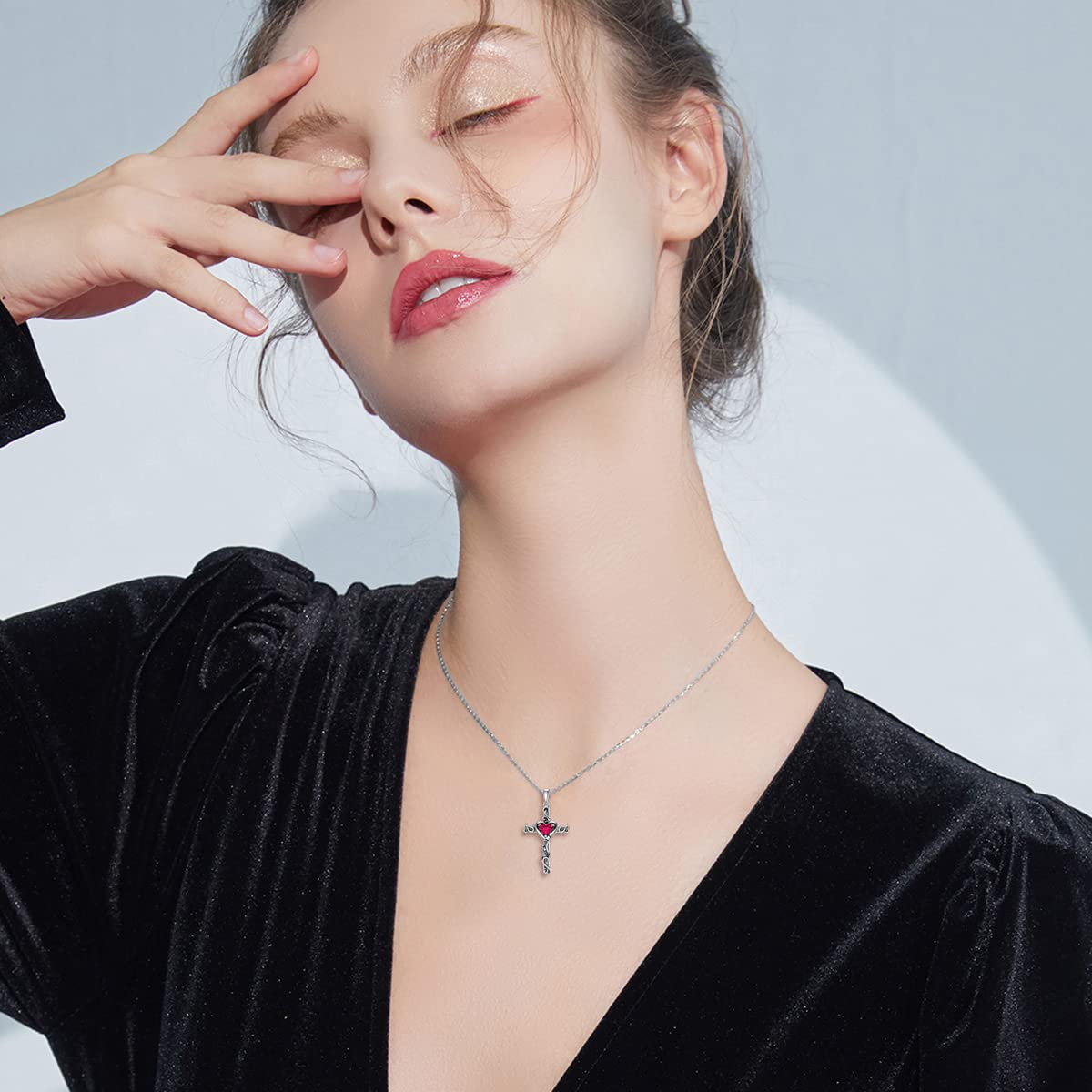 TOUPOP Ruby Cross Necklace for Women Sterling Silver July Birthstone Cross Pendant Necklace Heart Love Jewelry for Her Girlfriend Wife Mom Anniversary Birthday Mothers Day Gifts
