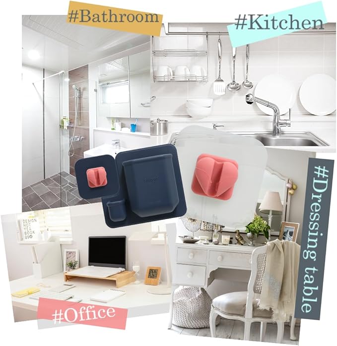 Silicone Wall Mounted Organizer - Made in Korea, BPA Free - Storage with Hook - Bathroom and Living Room, Remote Control & Shower Caddy (Heart Single(Navy), Poket Holder(Navy))