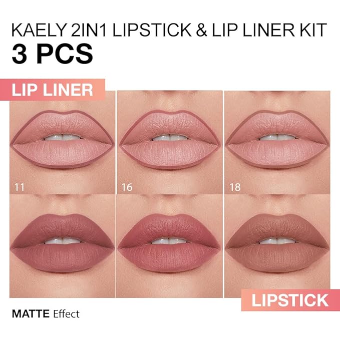 evpct 3Pcs Dusty Antique Rose Nude Brown Gradient Matte Lipstick Lip Liner Crayon Combo Pencil Set for Women Long Lasting, Cream Lip Liner and Lipstick Combo Makeup，Flawless Gradual Ombre Effect