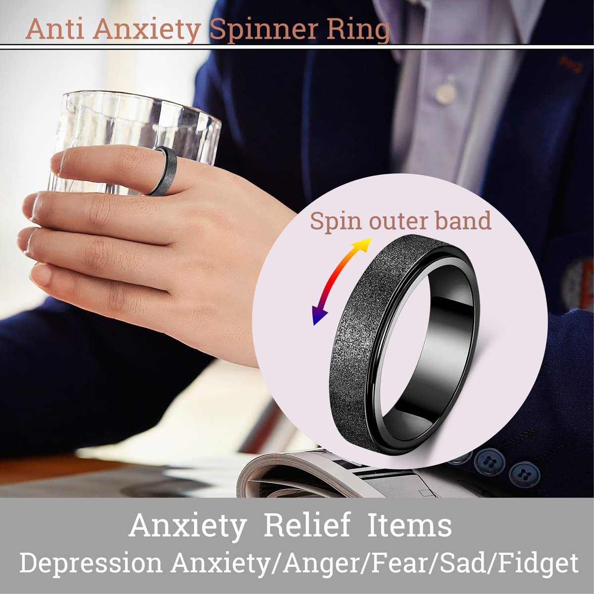 Titanium Stainless Steel Anxiety Ring for Women Men Fidget Spinner Ring Size 10 Width 6MM Black Sand Blasted Finish