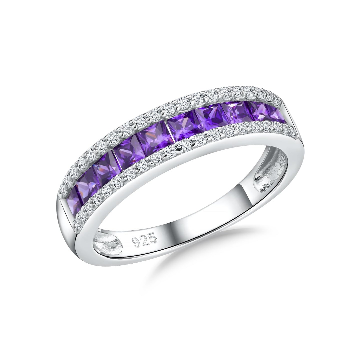 RANDES Amethyst Rings for Women Eternity Band 925 Sterling Silver Channel Set Princess Cut February Birthstone Ring Size 6