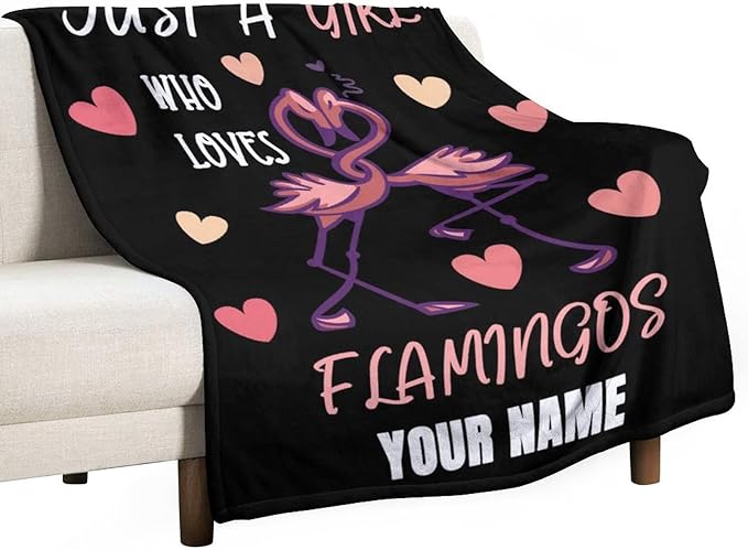Custom Flamingo Throw Blanket Gifts with Name - 50 x 60 Inches Funny Throws for Teens - Black Fluffy Warm Cozy Blankets for Travel