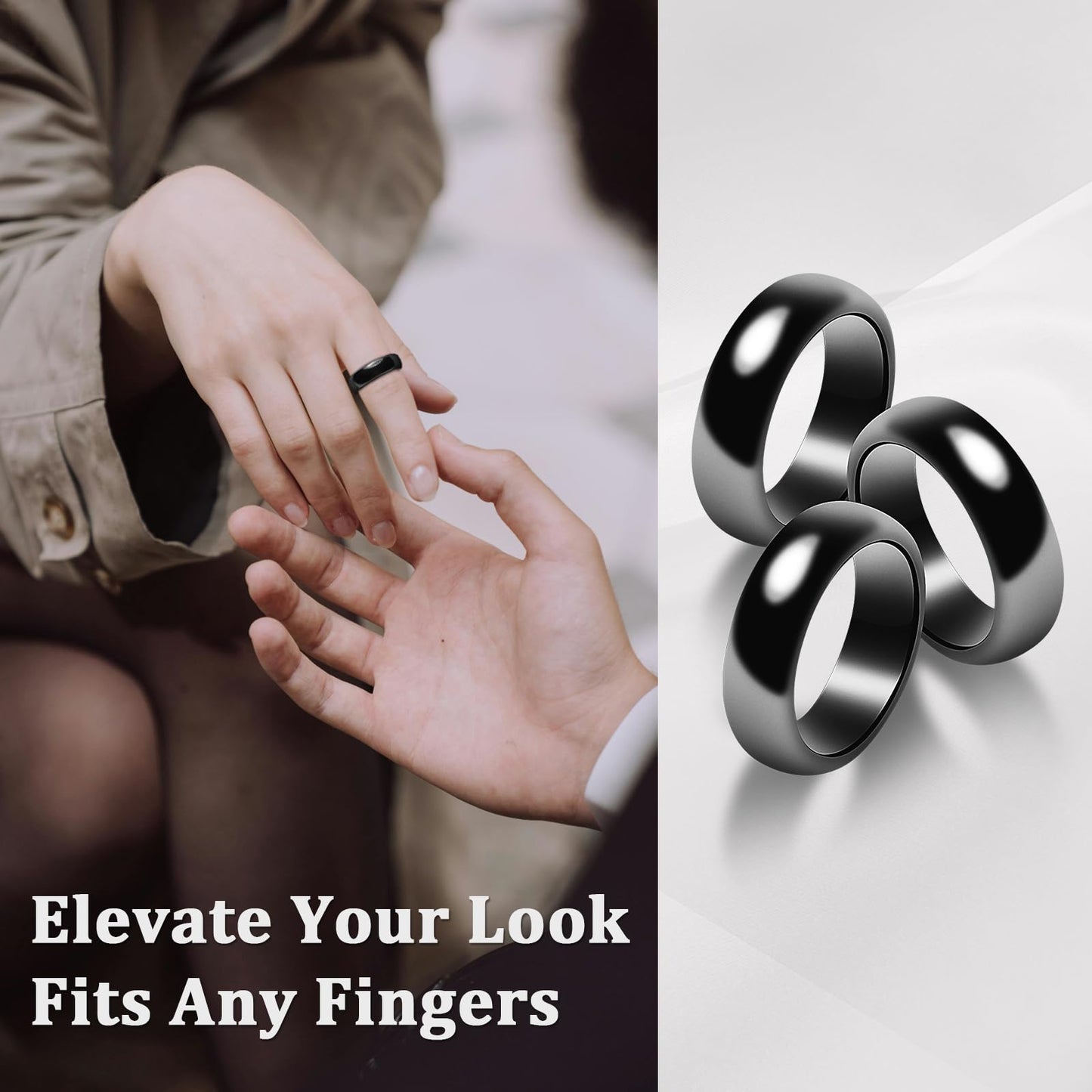 Fashtour Genuine Magnetic Hematite Rings, 3 Pack, Black, 6mm Wide, Polished, for Men and Women, Anxiety Relief, Root Chakra Balancing（Size 11#）