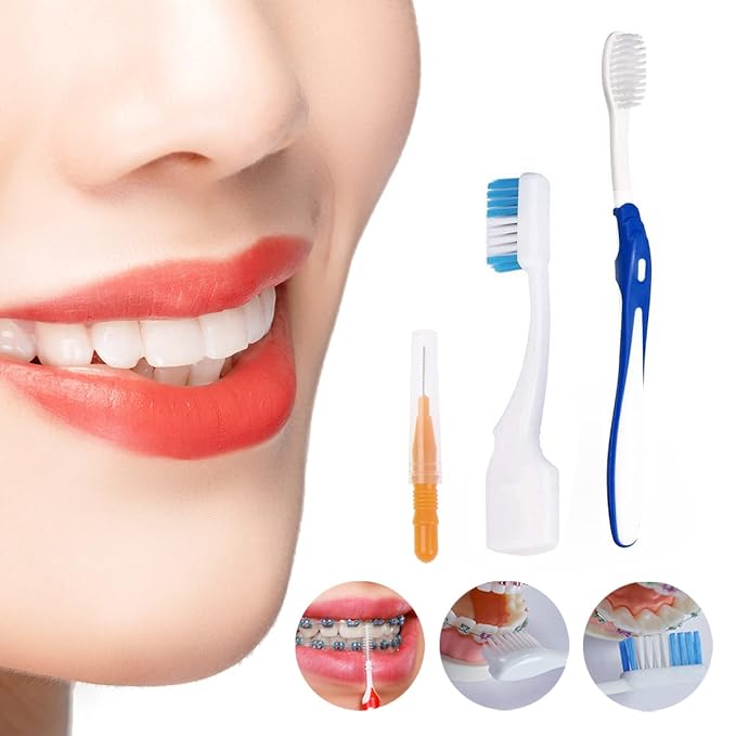 Braces Cleaning Kit for Teeth, Portable Orthodontic Toothbrush Kit Oral Care Dental Travel Kit - Interdental Brush Dental Wax Dental Floss Toothbrush Box (Orange)
