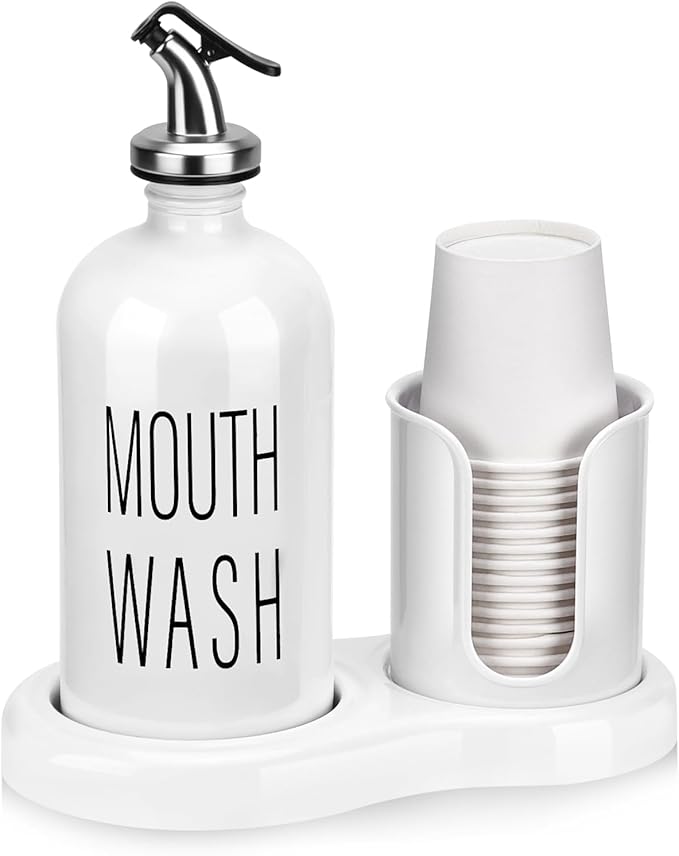 Mouthwash Dispenser for Bathroom,BYAWAY Mouthwash Dispenser with Cup Holder,14 Mouthwash Cups and Funnel,Refillable Glass Mouthwash Container (White)