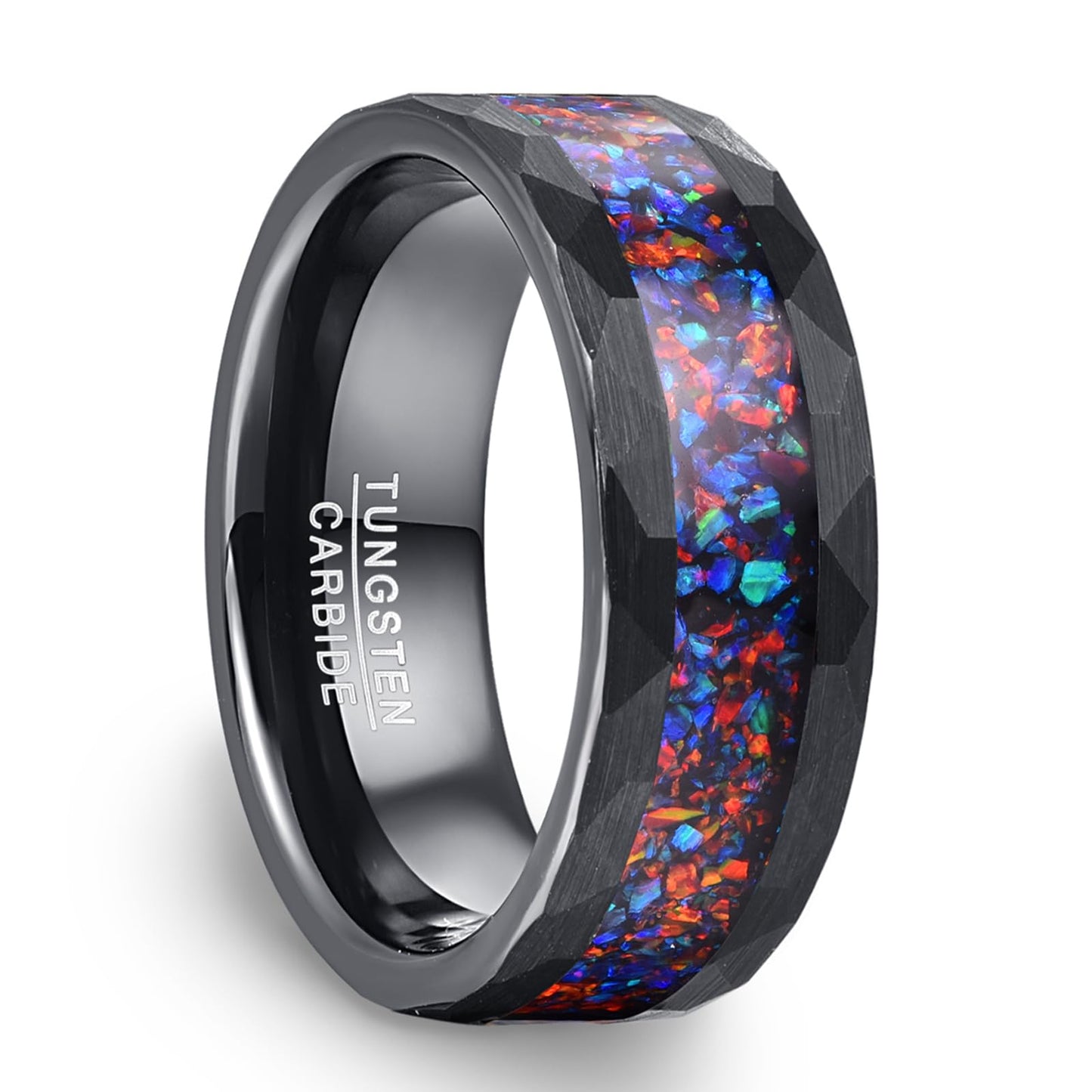 NUNCAD 8mm Promise Ring for Him Tungsten Galaxy Opal Inlaid Men Wedding Band Black Ring Hammered finish Comfort Fit Sizes 8