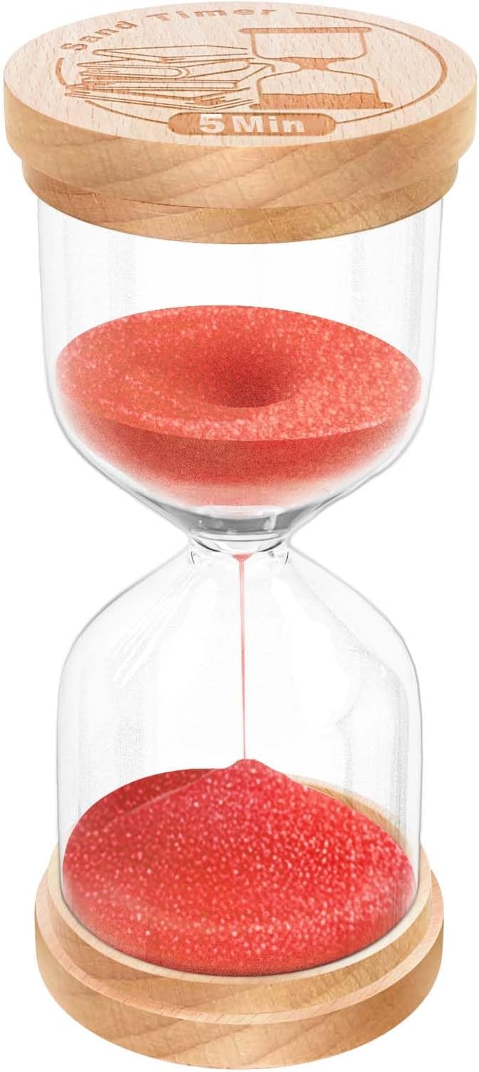 5 Minute Sand Timer, Wooden Hourglass Sand Clock, Small Wood Red 5 Min Hour Glass, 5 Minutes Sandglass for Brushing Teeth, Reloj De Arena Classroom, Game, Kitchen, Home, Office