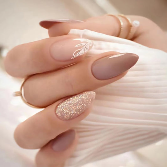 Tyuimhx 24Pcs Medium Almond Press on Nails Nude Fake Nail With Leaf Designs Glitter False Nails Glossy Full Cover Stick on Nails Acrylic Reusable Artificial Glue on Nail for Women