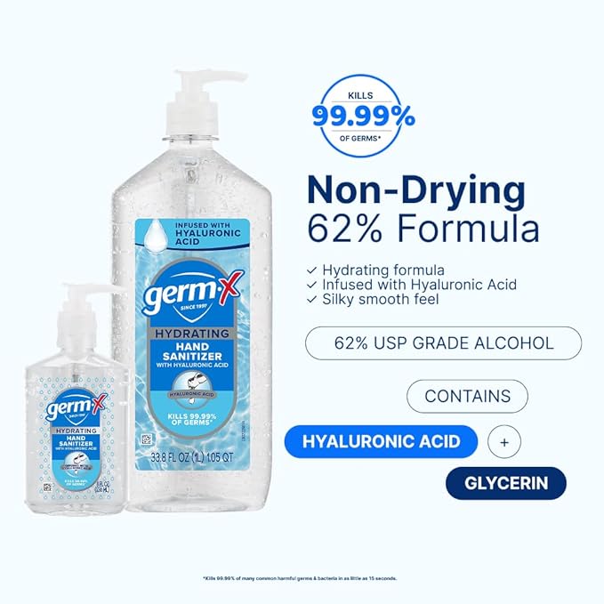 Germ-X Hydrating Hand Sanitizer, with Hyaluronic Acid, 1L Bulk Pack, No Rinse Formula, Sanitizing Liquid Gel for All Skin Types, Formulated without Parabens, Phthalates & Dyes