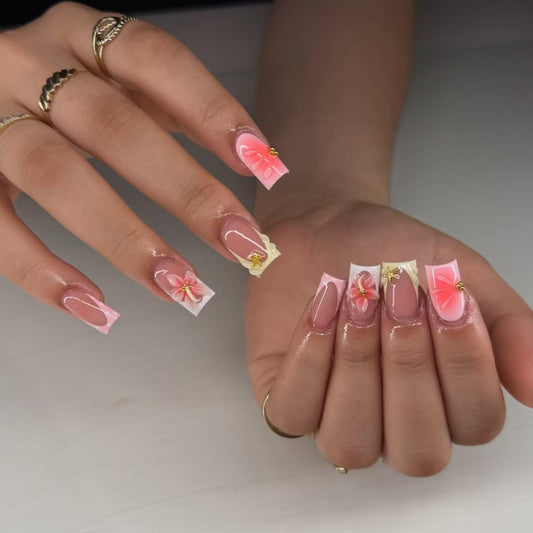 Spring Press On Nails MAGLFELL Handmade 10Pcs Short Fake Nails, 3D Carving Floral and Gold Plated Decoration Design, Reusable Acrylic Fingernail Salon Artificial Nails Kit (Size M)