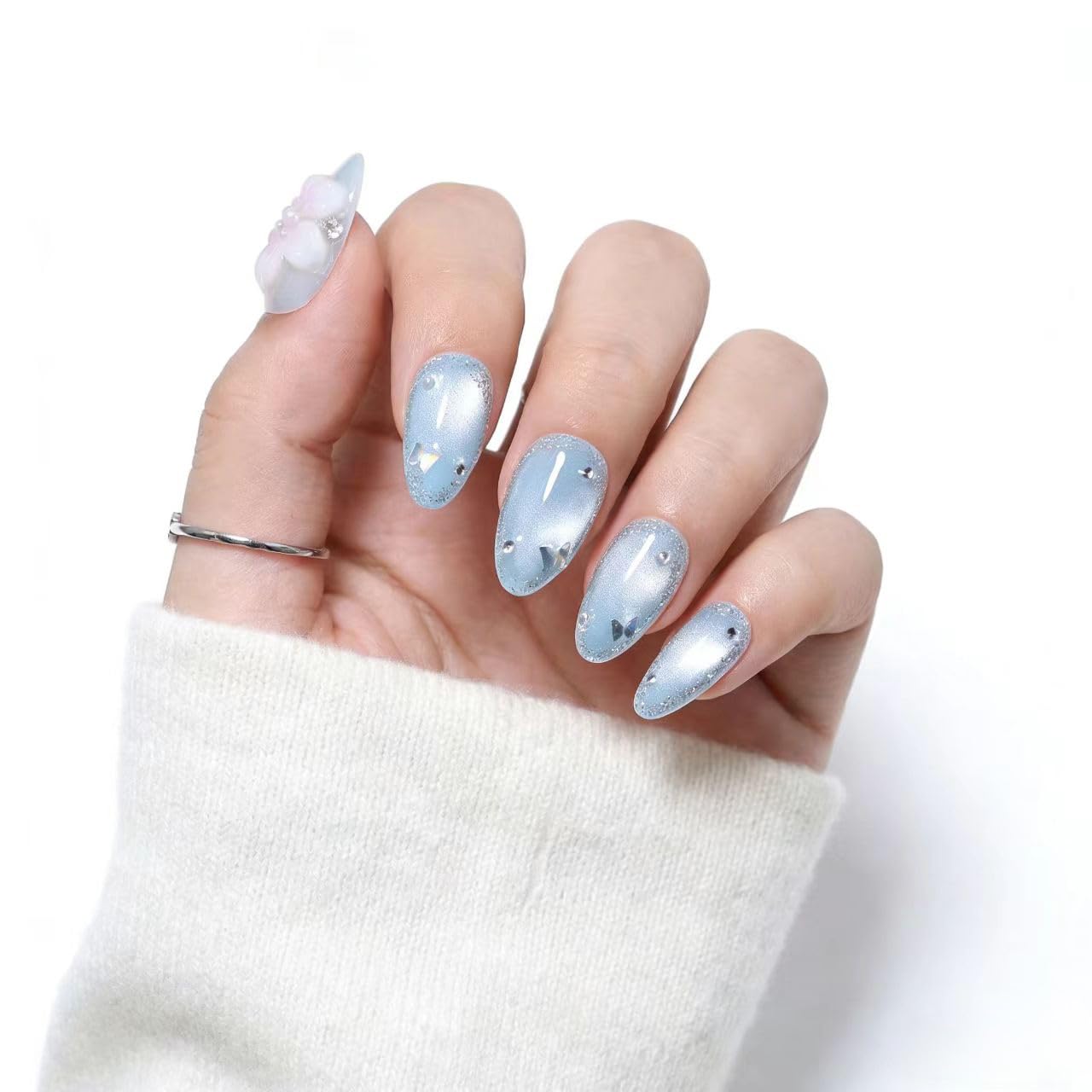 10 Pcs Short Almond Handmade Press On Nails | Sky Blue Cat Eye with 3D Floral & Rhinestone Accents | Reusable, Easy to Apply & Remove, Salon-Quality Manicure (RR16, XS)