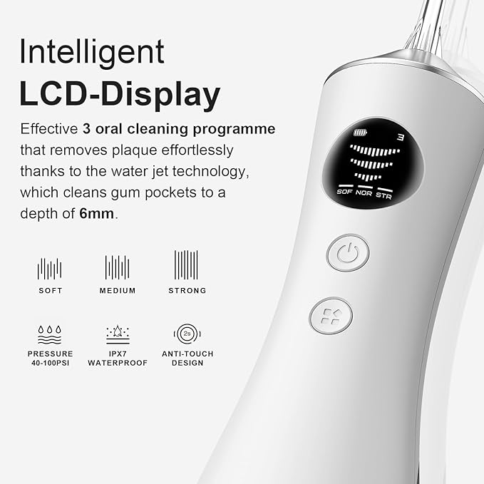 Water Dental Flosser for Teeth, Portable Cordless Water Flosser with 300ML Rechargeable with Type-C, IPX7 Waterproof Water Flossers for Adults with 3 Intensity Modes and 3 Flossing Tips