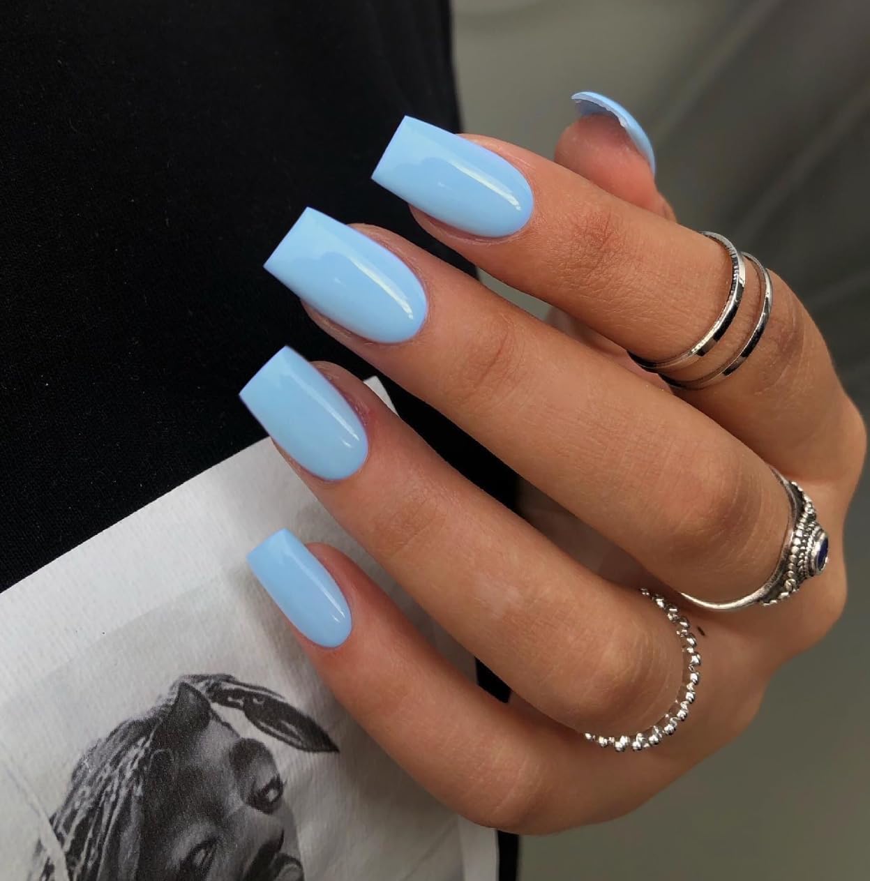 Light Blue Press on Nails Short Medium Square Glue on Nails Set,KQueenest Solid Color Fake Nails Short Coffin Acrylic Nails Press on Gel Nails for Women Natural Reusable False Press-on in 24 Pcs