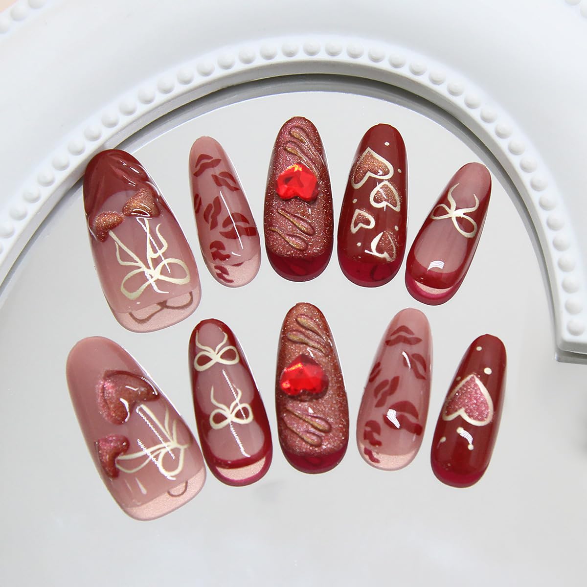 30Pcs Red Heart Press on Nails Medium Almond Fake Nails Gold Bow with Pearl Design Red Lips False Nails Romantic Artificial Nails Full Cover Glue on Nails Handmade Stick on Nails for Women DIY Kit