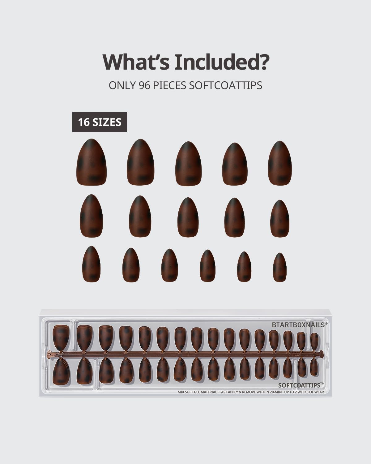 BTArtboxnails SOFTCOATTIPS Press On Nails - Tortoiseshell Almond Press On Nails Short, 96Pcs Salon Quality Soak Off Soft Gel Nail Tips in 16 Sizes