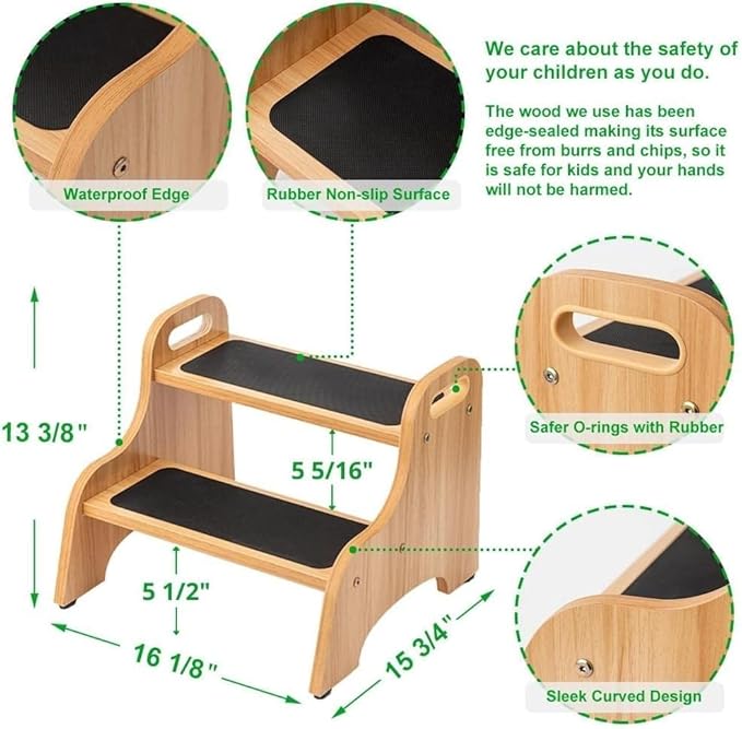StrongTek Wooden 2 Step Stools for Kids, Safe Non-Slip Surface with Handles, 350 lbs Capacity, Portable Toddler Stepping Stool for Bathroom Kitchen and Bedroom (Natural)