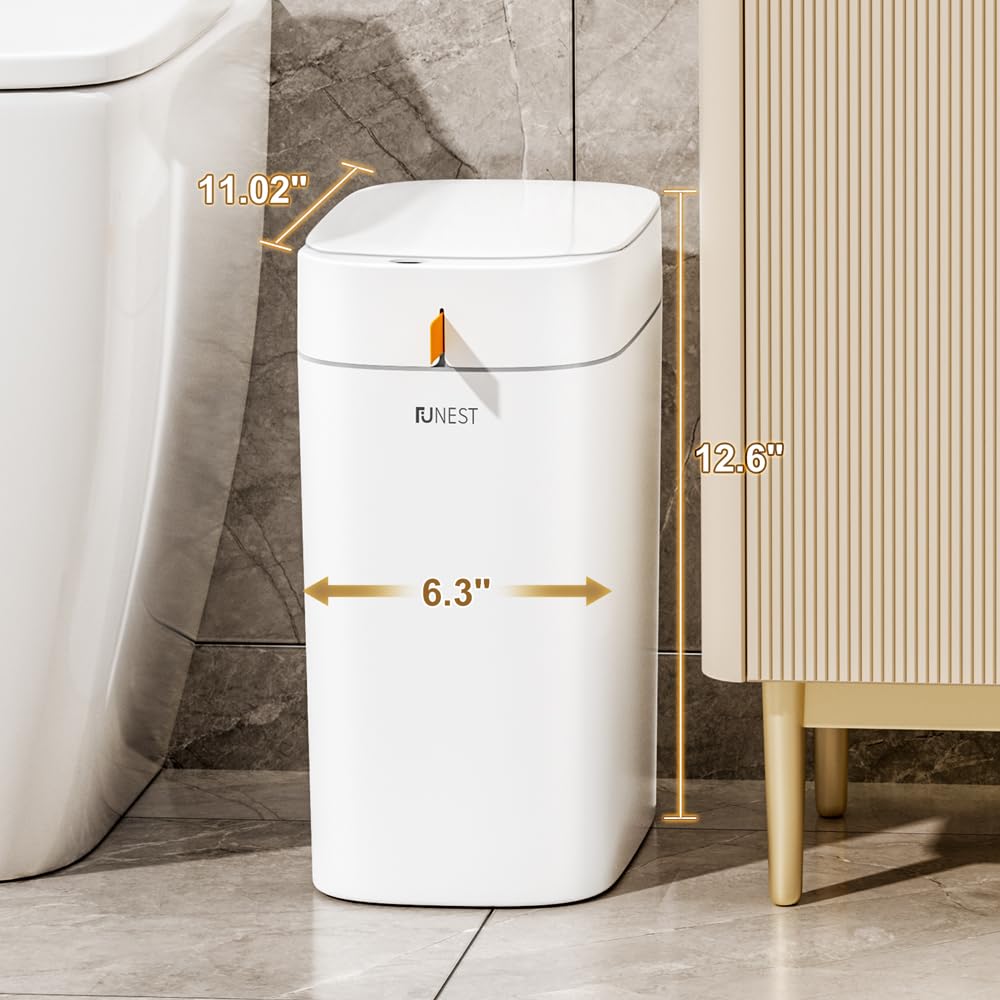 funest Smart Bathroom Trash Can with Lid- 3.5 Gallon Rechargeable Motion Sensor Trash Can,Waterproof Automatic Garbage Can with Automatic Suction Bag Feature,Waste Bin for Bedroom, Kitchen, Office