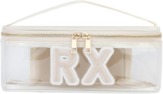 Clear PVC Letter Patch MEDS RX Makeup Bag with Metal Zipper,Large Capacity Nylon Transparent Medicine Bag with Top Handle,First Aid Travel Organizer Cosmetic Bag(03 Beige RX)