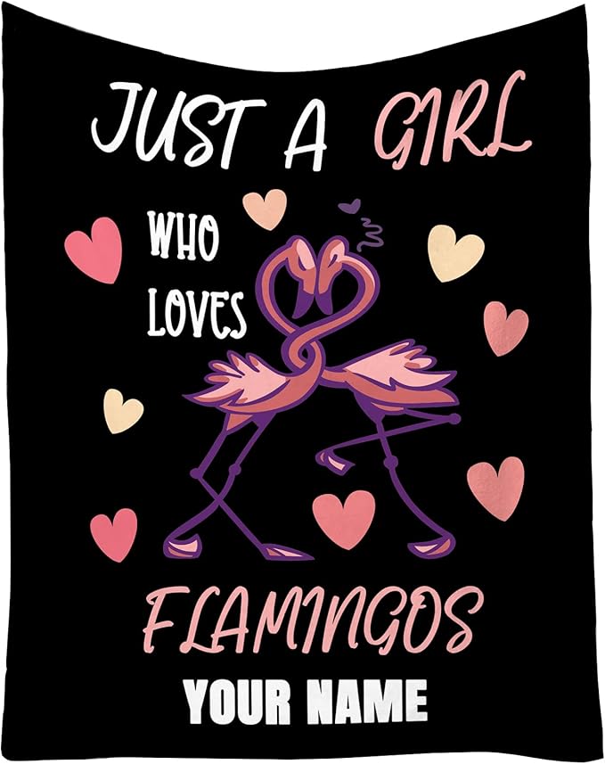 Custom Flamingo Throw Blanket Gifts with Name - 50 x 60 Inches Funny Throws for Teens - Black Fluffy Warm Cozy Blankets for Travel