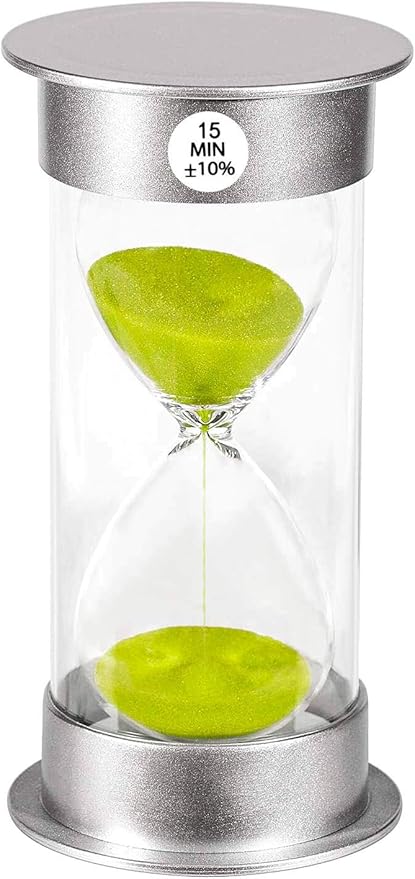 Sand Timer 15 Minute Hourglass Timer, Silver Plastic Sand Clock 15 minutes, Hour Glass Sandglass Timer for Kids, Games, Classroom, Kitchen, Decorative (15 Min, Green Sand)