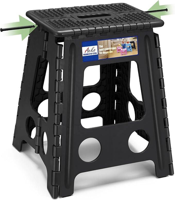 ACKO Folding Step Stool Foldable 16 Inch Stools for Adults and Kids, Plastic Stools Tall 400 lbs Capacity, Collapsible Stool for Kitchen Stepping Foot Stool with Handle, Dot Black,1 PC