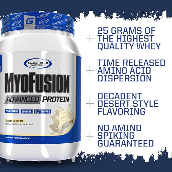 Gaspari Nutrition Myofusion Advanced Protein, Protein Blend with Whey Protein, Casein Protein and Isolate Protein, Low Fat and Gluten Free (2lbs, Vanilla Ice Cream)