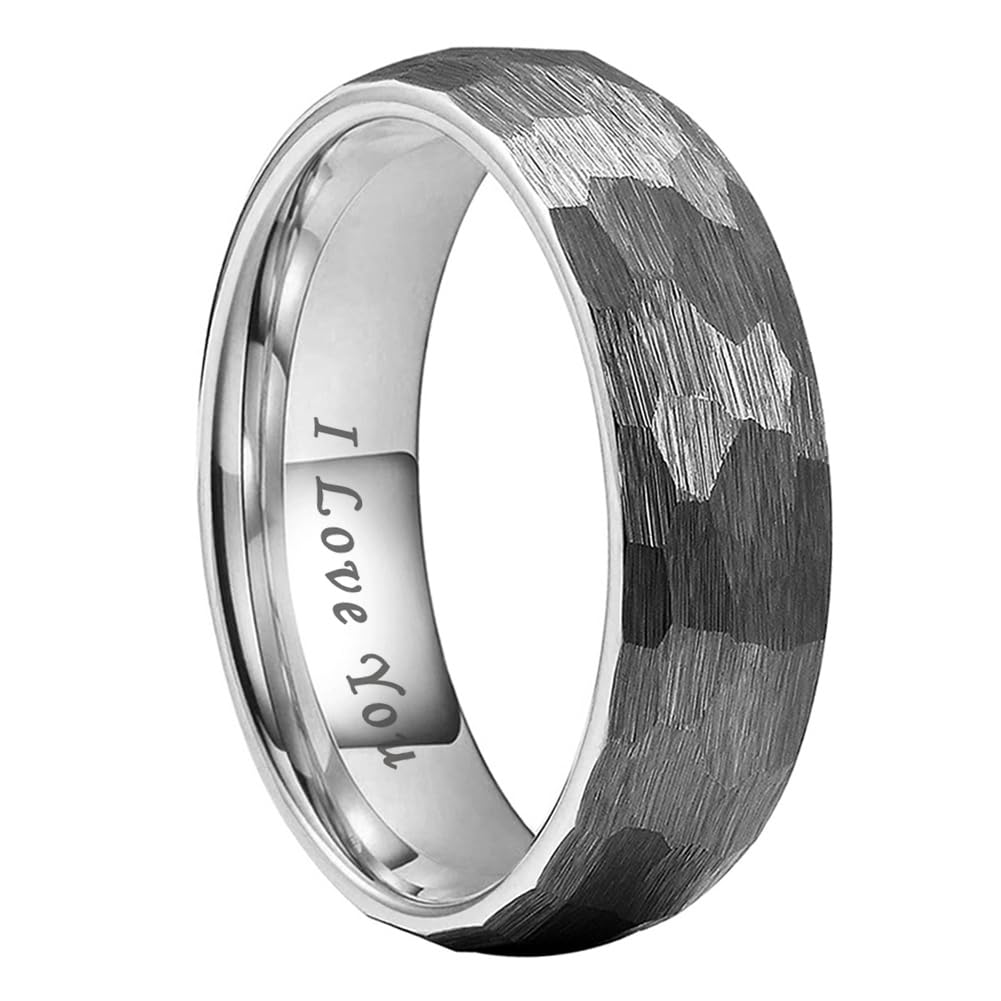 TUTISS 6mm Hammered Tungsten Carbide Rings for Men Women Engagement Wedding Bands Domed I Love You Engraved Comfort Fit Size 9.5