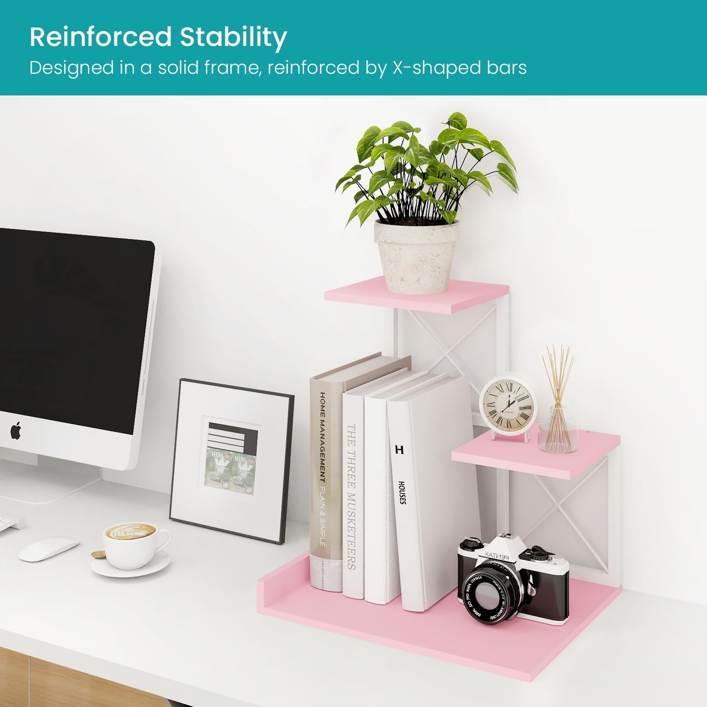 ELITEROO Desktop Shelf, Aesthetic Desk Organizer Table Top Mini Bookshelf, 3 Tier Wooden Desk Supplies Organizers and Storage Stand Cubicle Accessories for Women Office, Pink
