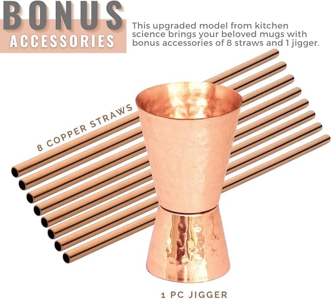 [Gift Set] Moscow Mule Copper Mugs Set of 12 (16oz) w/Straws & Jigger | 100% Pure Copper Cups, Tarnish-Resistant Food Grade Lacquered Finish, Ergonomic Handle (No Rivet) w/Solid Grip