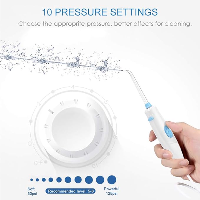 TUREWELL Water Flossing Oral Irrigator, 600ML Dental Cleaner 10 Adjustable Pressure, Electric Oral Flosser for Teeth/Braces, 8 Replacement Jet Tips for Family (White)