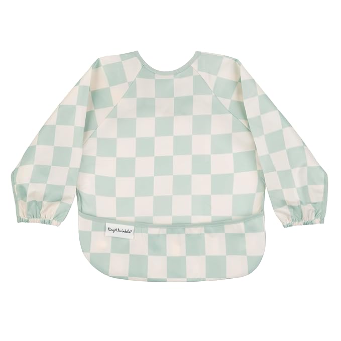 Tiny Twinkle Long Sleeve Bib for Babies & Toddlers – 2 Pack Waterproof Smock Bibs for Eating – Machine Washable & Mess-Proof, Baby Feeding Essential & Shower Must-Have (Black,Sage Checkers, 6-24M)