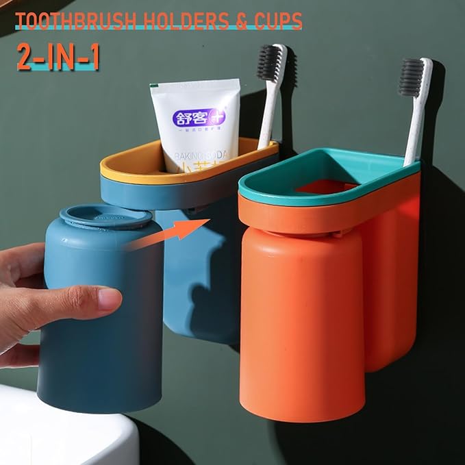 Toothbrush Holder Wall Mounted with Cup,2-in-1 Toothbrush Holders & Cups Set,Inverted Design for Easy Cleaning and draining,Stick-on Toothbrush Holder for Bathroom (Orange)